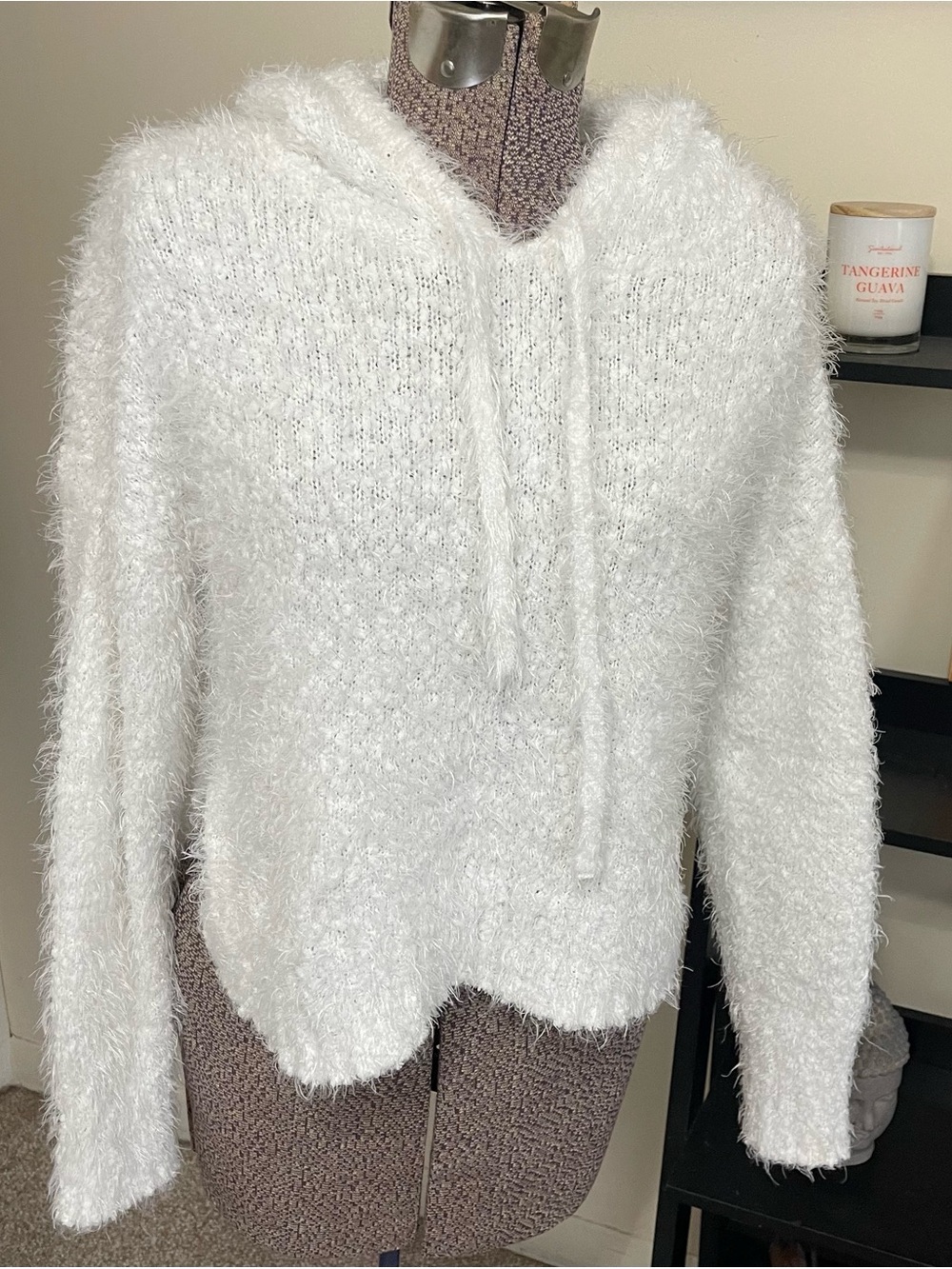 LC Lauren Conrad White Fuzzy Hooded Pullover Sweater